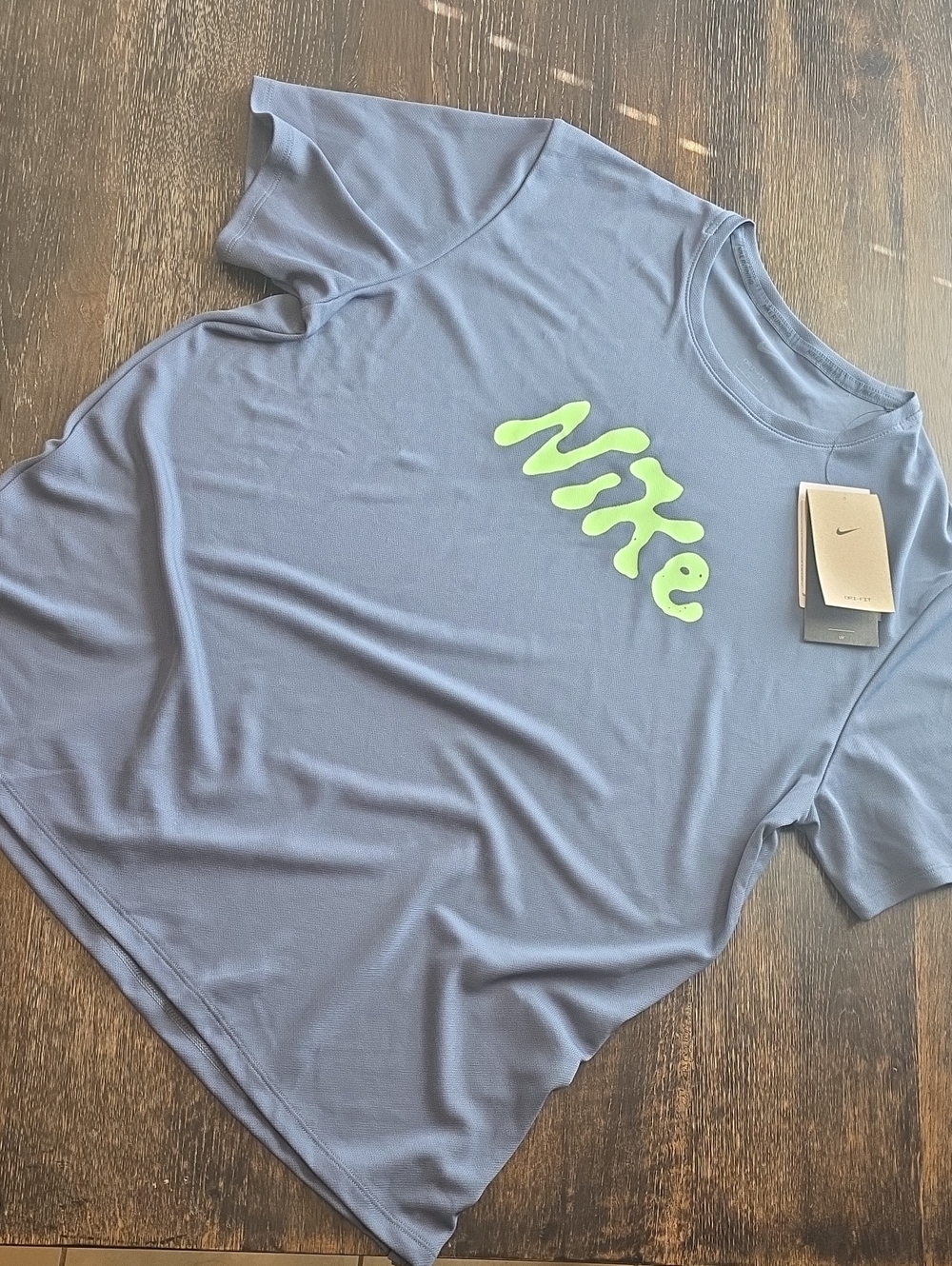 Nike Men’s Light Blue Tee with Neon Green Script Logo